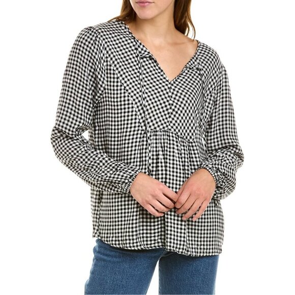 NEW Three Dots Mason Gingham Plaid Long Sleeve Blouse in Black/White Sz. XL - Picture 2 of 3
